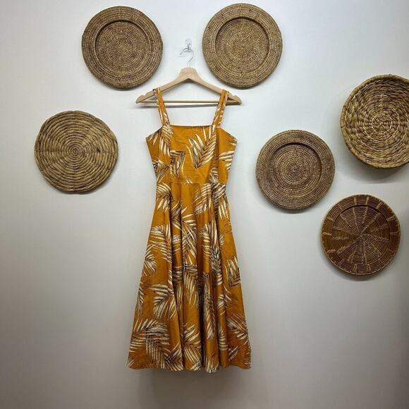 White House Black Market Yellow Tropical Fit & Flare Palm Print Midi Dress 2 - Picture 1 of 7